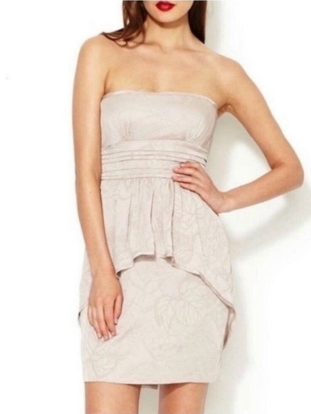 BCBGMaxAzria Strapless Light Beige Peplum Dress
